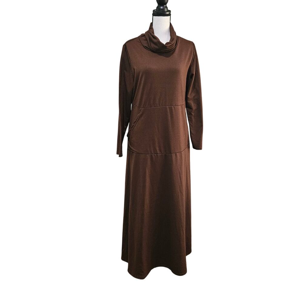 Women's 1XL Plus Size Modest Brown Cowl Collar Long Sleeve Dress With‎ Pockets